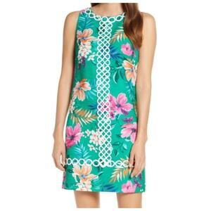 Eliza J Green Floral Shift Dress Size 6 – Lace Trim Tropical Print